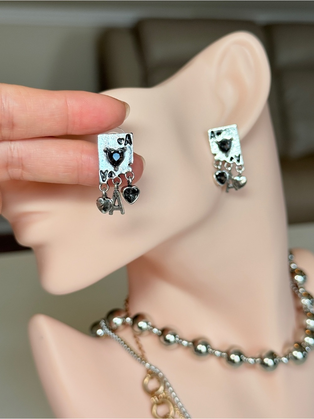 Silver Tone Heart Drop Earrings - White and Silver